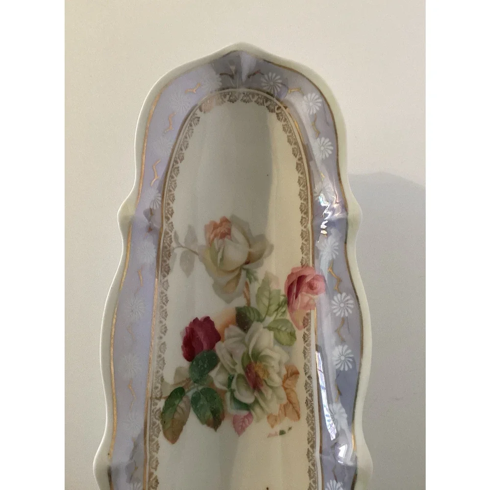 Vintage Porcelain Serving Dish Germany Floral Rose Design Gold Rim